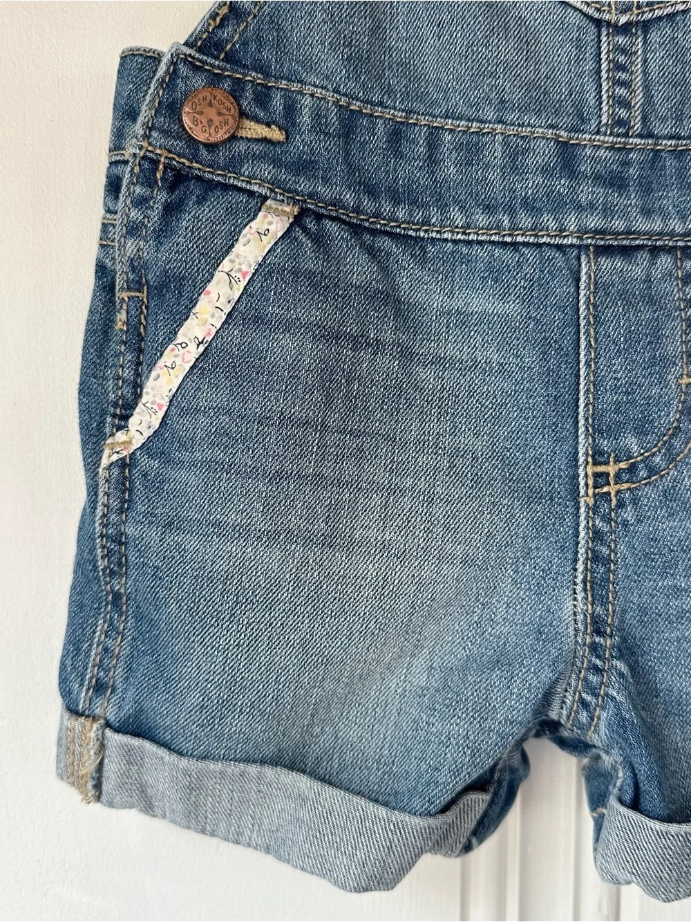 OshKosh B'gosh 12M Blue Denim Short Overalls with Floral Trim